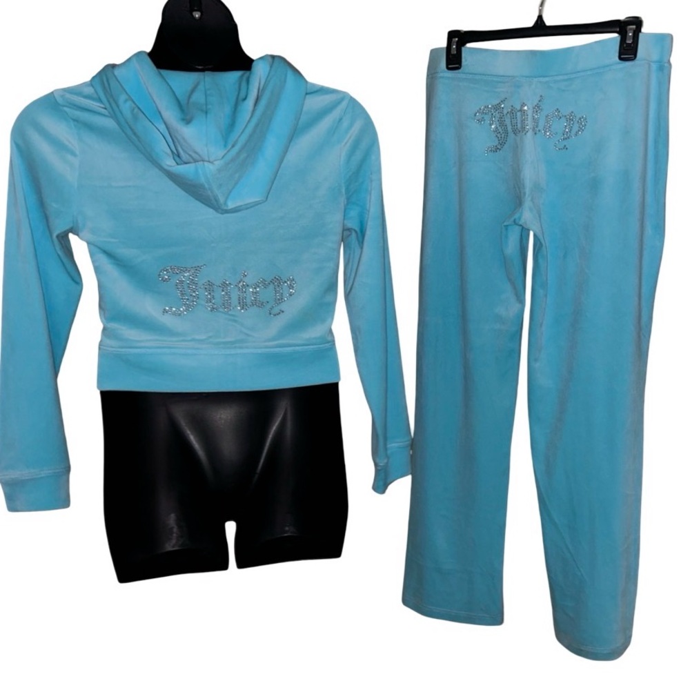JUICY COUTURE OG CRYSTAL BLUE  RHINESTONE VELOUR ZIP UP CROPPED TRACKSUIT NWT